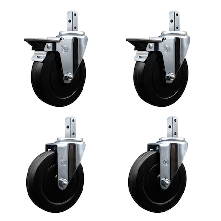 Service Caster 5'' Soft Rubber Wheel Swivel 7/8'' Square Stem Caster Set 2 Brakes, 4PK SCC-SQ20S514-SRS-PLB-78-2-S-2